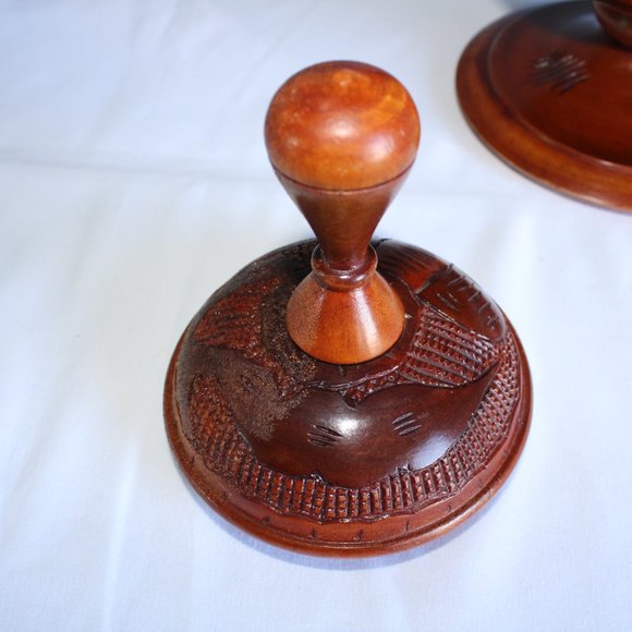 Vintage Hand Turned Carved Solid Wood Pedestal Vase With Lid 14" Tall - Picture 7 of 12